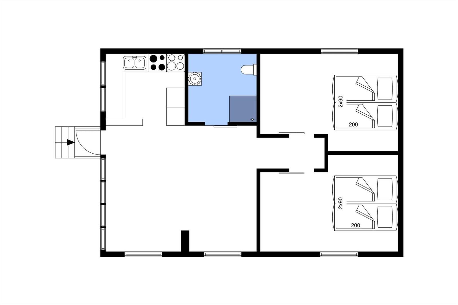 Wohnung mit Küche, Bad und zwei Schlafzimmern. Flur mit Treppe.