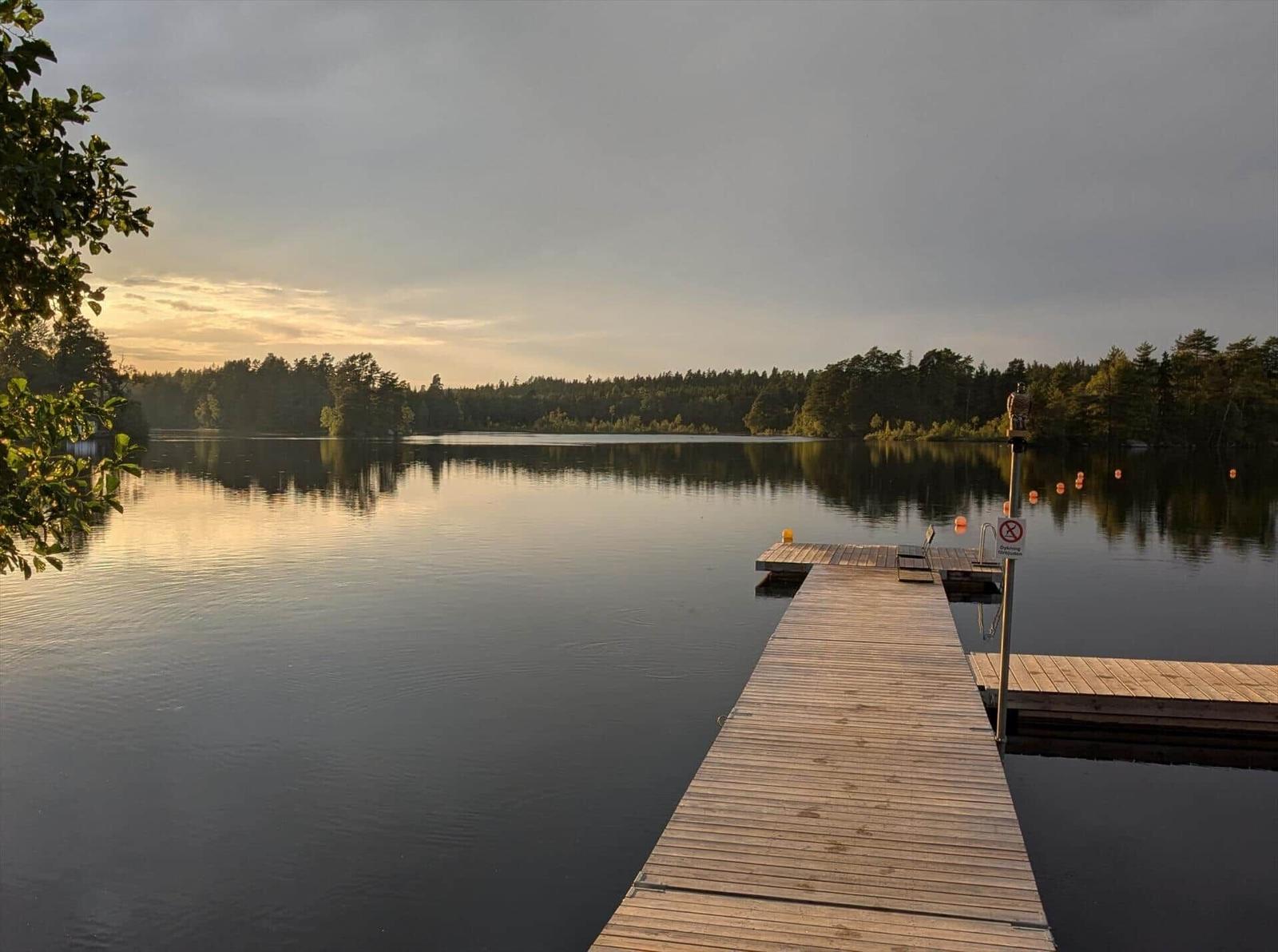 Holzsteg führt zum See. Wald im Hintergrund. Sonnenuntergang reflektiert sich im Wasser.