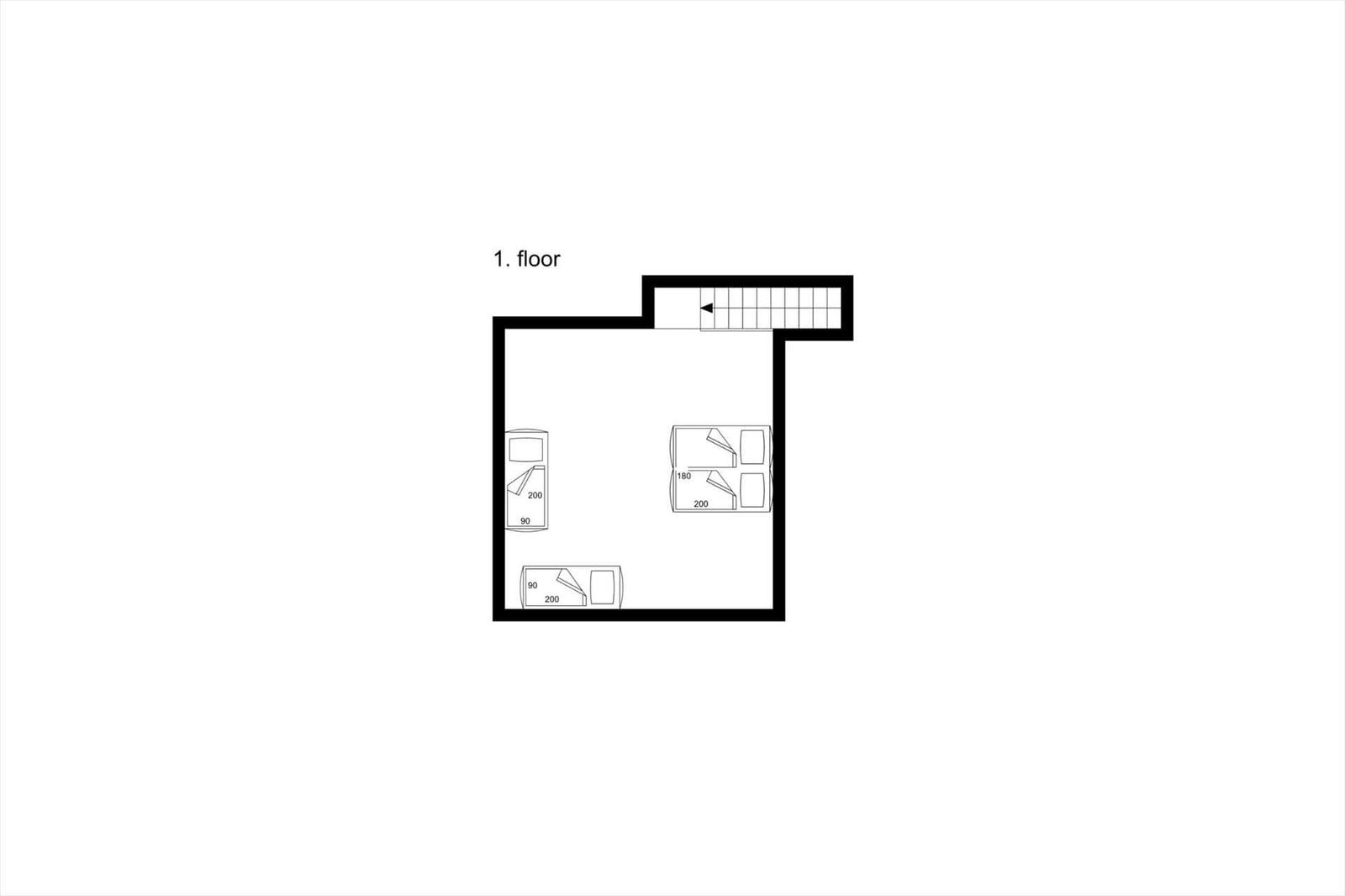 Erdgeschossplan mit Schlafzimmer, Wohnbereich und Treppenaufgang.