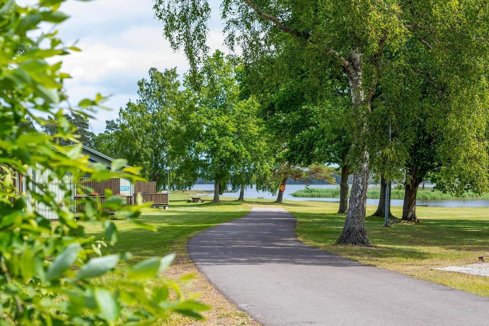 Ein Pfad führt durch einen grünen Park zur Wasserseite.