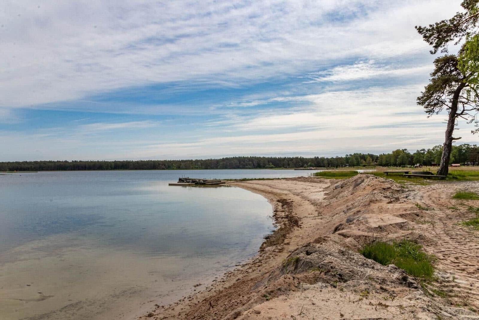 Seeufer mit Sandstrand, Holzsteg und Bäumen im Hintergrund.