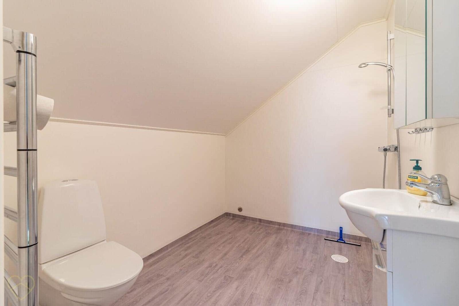 Badezimmer mit Toilette, Waschbecken und Dusche