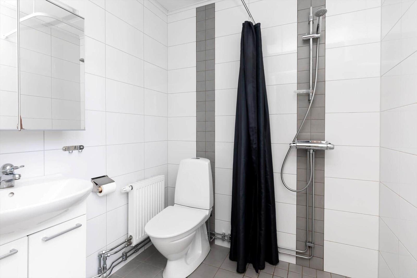Badezimmer mit Toilette, Dusche und Waschbecken.