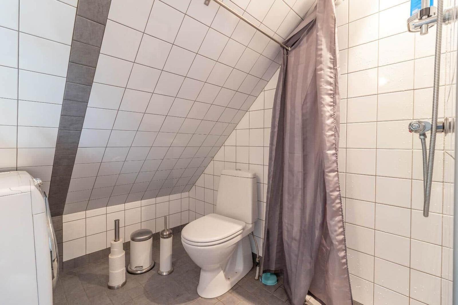 Badezimmer mit Toilette, Dusche und Waschmaschine unter Dachschräge.