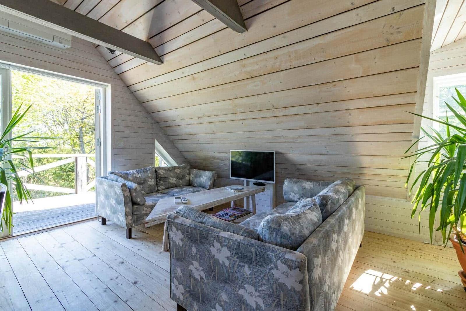 Wohnzimmer mit Holzwänden, Sofa und Fernseher. Türe führt auf Balkon mit Blick in Garten.