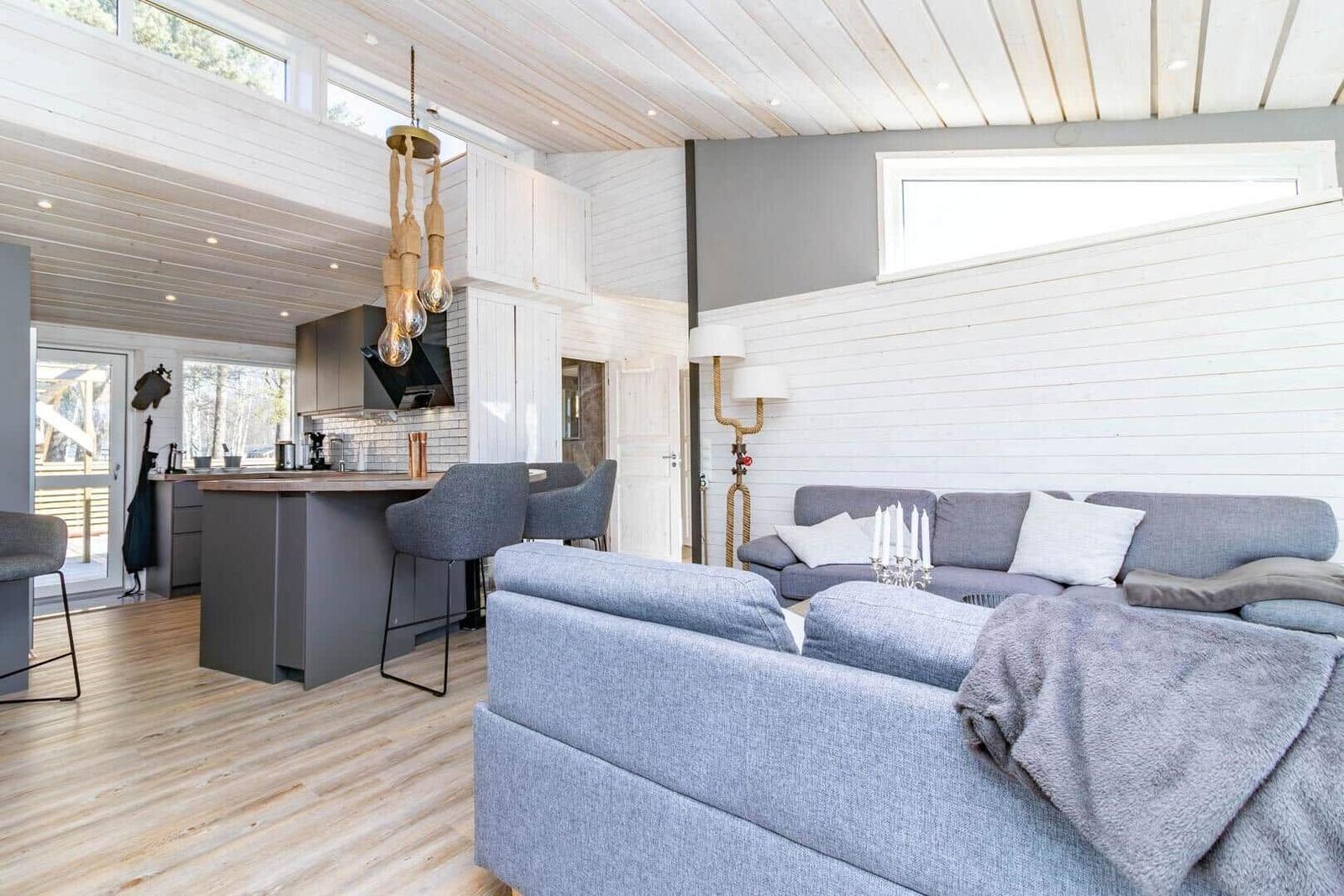 Wohn- und Küchenbereich mit grauem Sofa, Holzboden und hohem Dach.