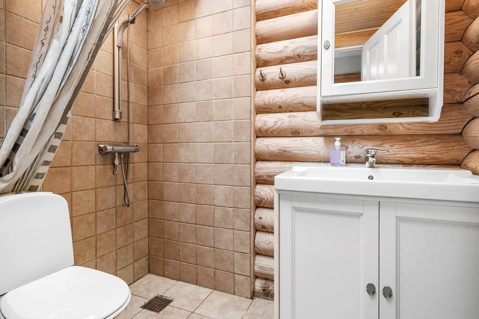 Bad mit Dusche, Toilette und Waschbecken an Holzwand