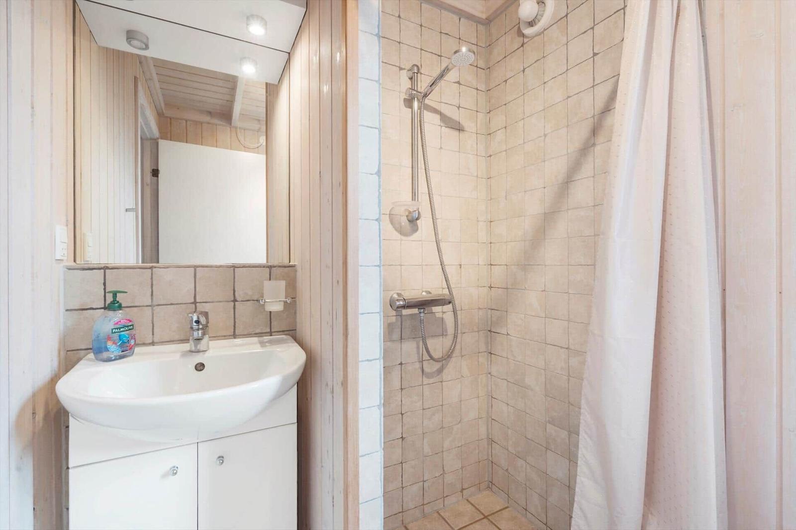 Bathroom with shower, sink, and mirror.