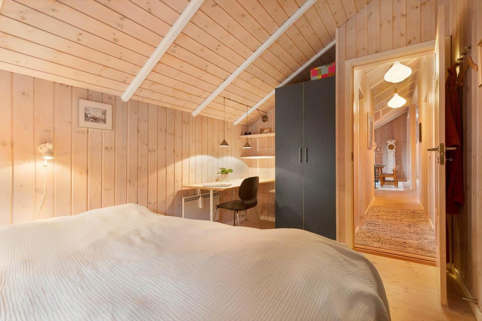 Bedroom with bed, desk, and wardrobe. Wooden walls and attic ceiling.