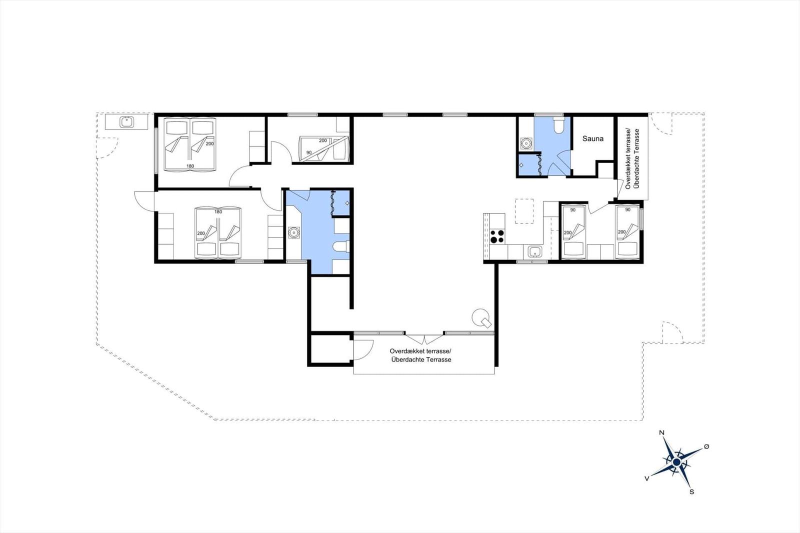 Apartment with sauna, kitchen, and covered terrace.