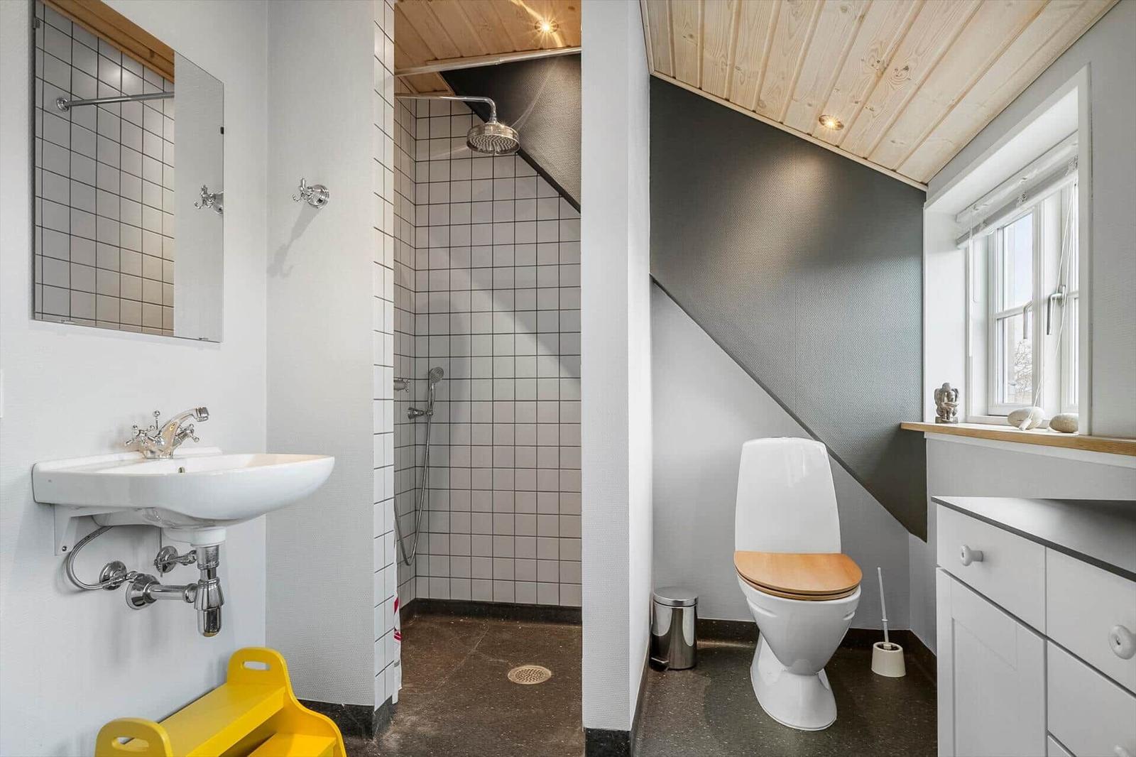 Bad mit Dusche, Toilette und Waschbecken unter Holzdecke
