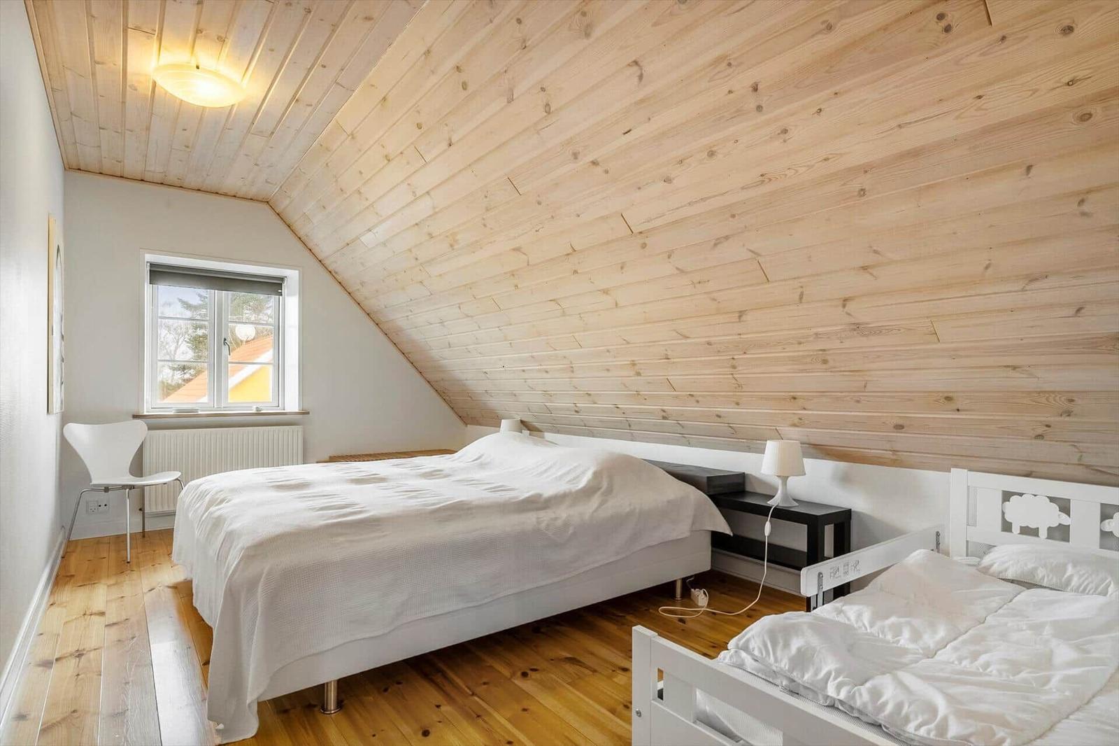 Schlafzimmer mit zwei Betten, Holzdecke und Fenster.