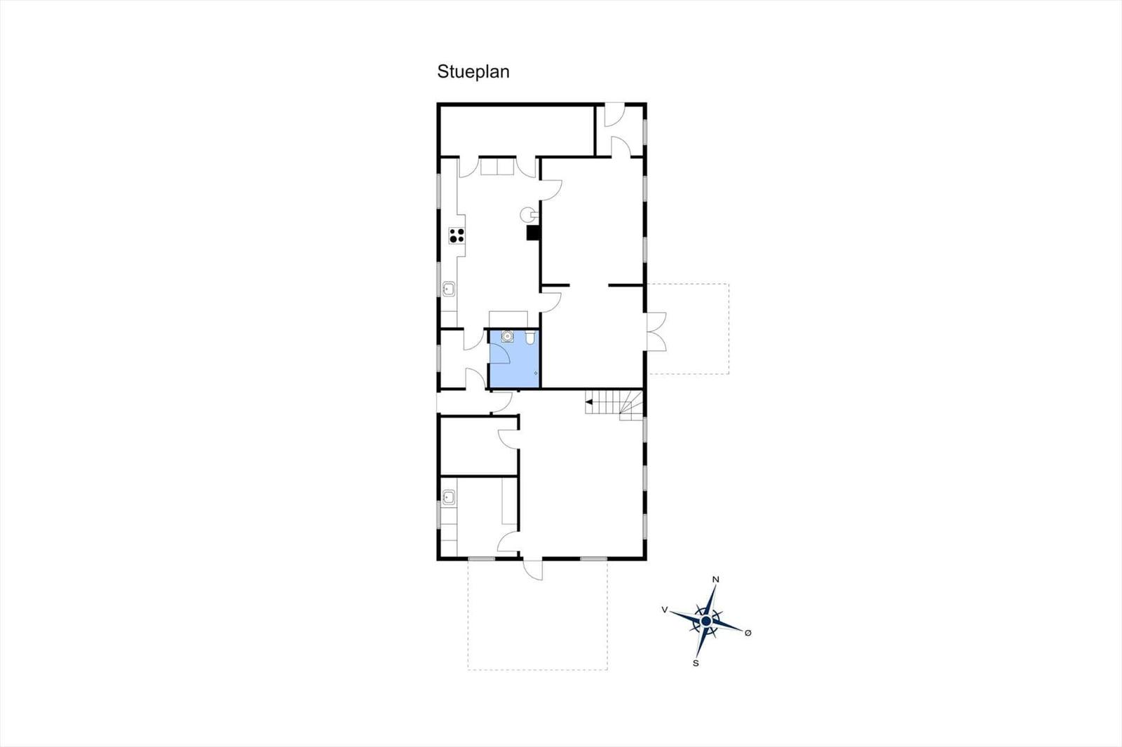 Stueplan zeigt Raumverteilung mit Küche, Bad und Treppenhaus.