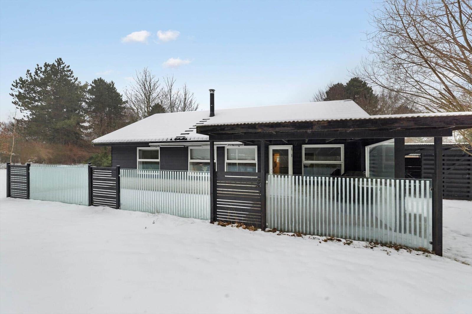 Black house with snow, glass fence, and tree background.