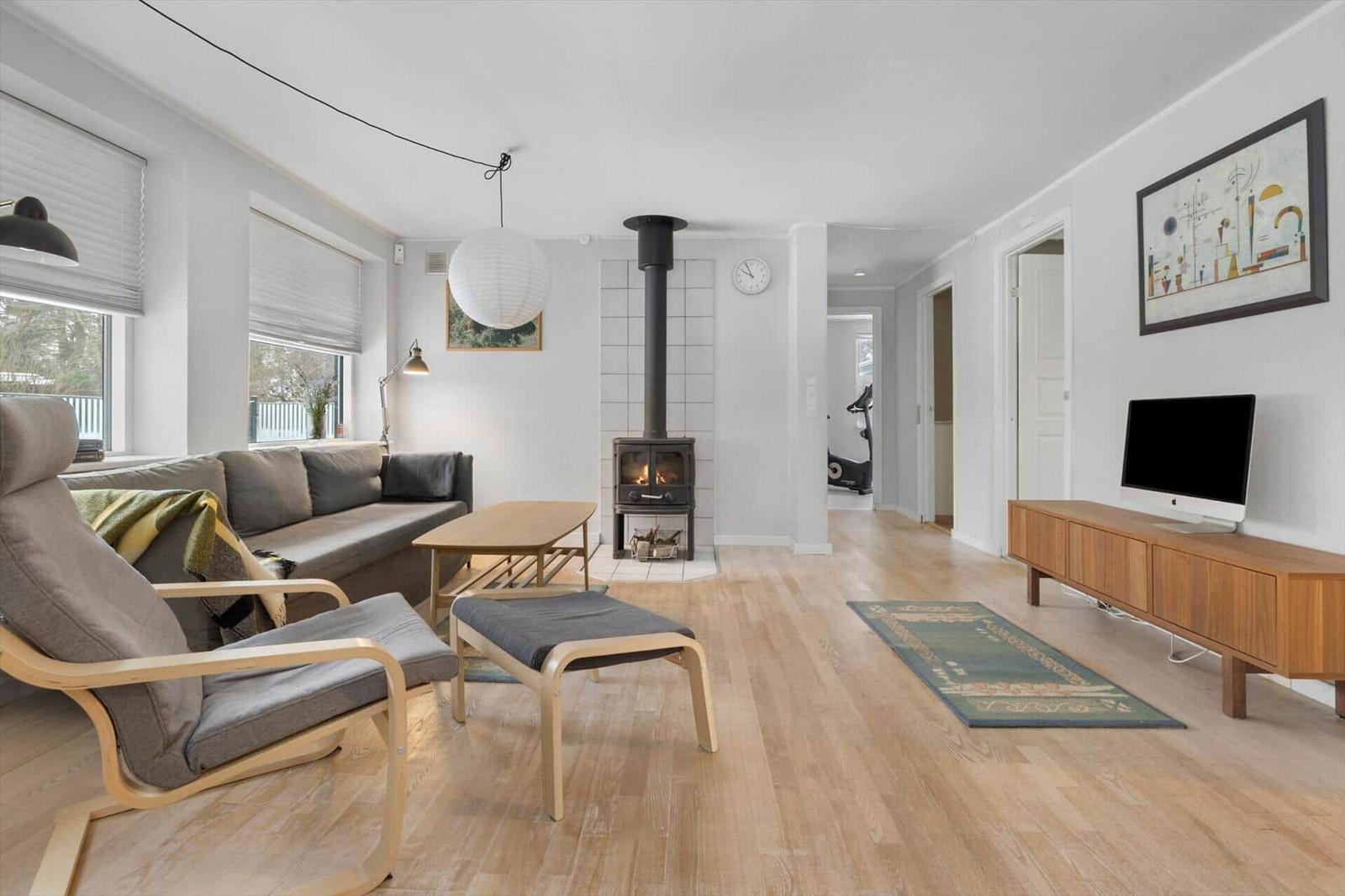 Living room with hardwood floor, sofa, chair, fireplace, and TV.