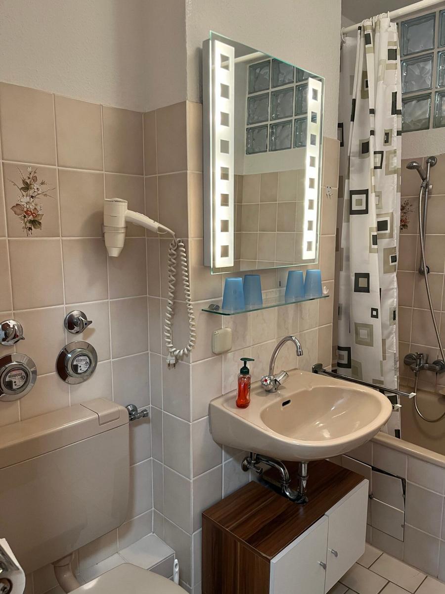 Badezimmer mit Waschbecken, Spiegel, Dusche und Handtuchhalter.