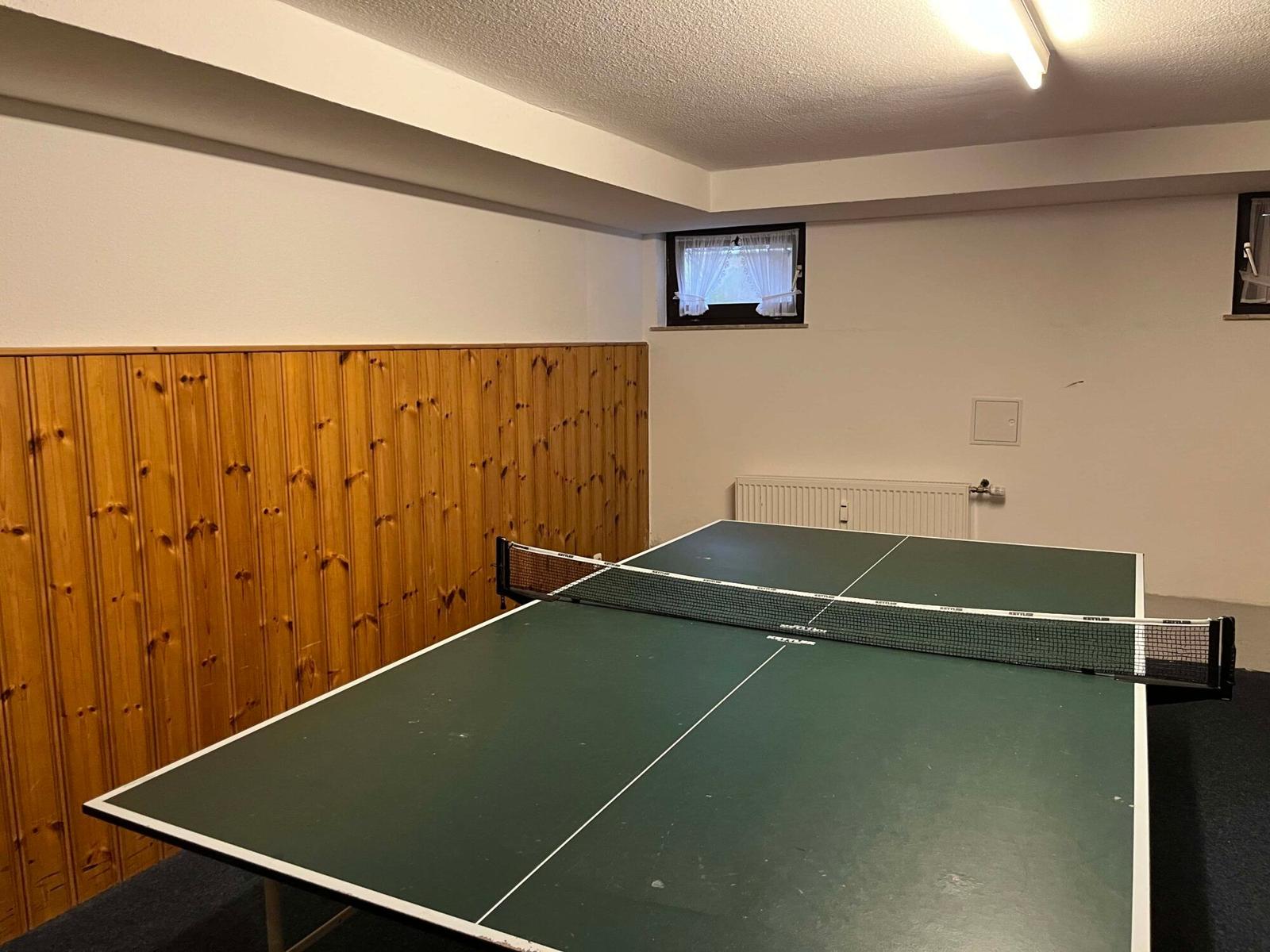 Tischtennisplatte mit Netz in einem Raum mit Holzwand und Fenster