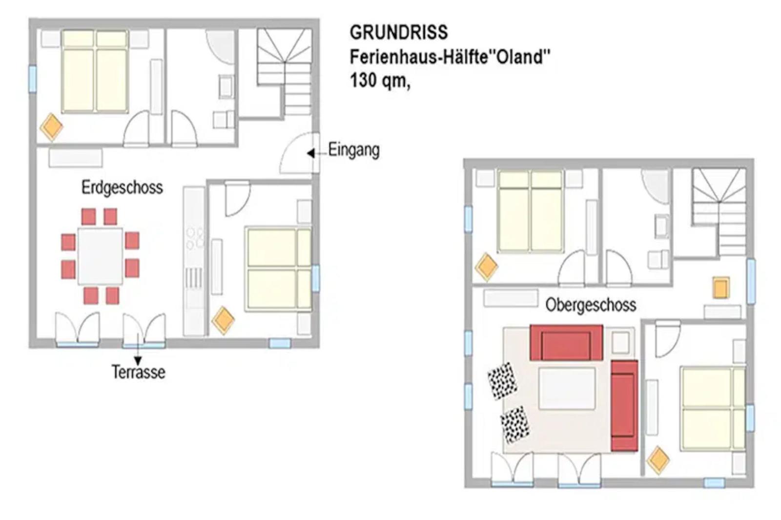 Grundriss zeigt Erd- und Obergeschoss mit Terrasse und Schlafzimmern.