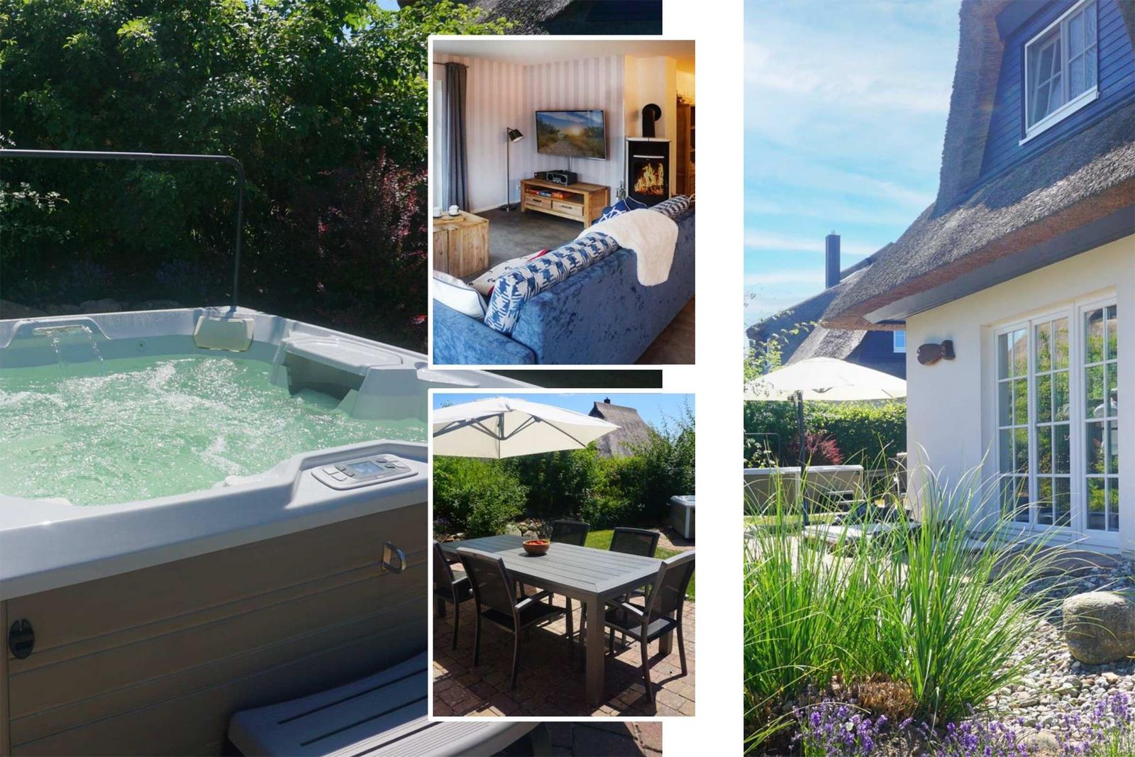 Haus mit Dachstuhl, Whirlpool, Terrasse und Wohnzimmer mit Kamin.