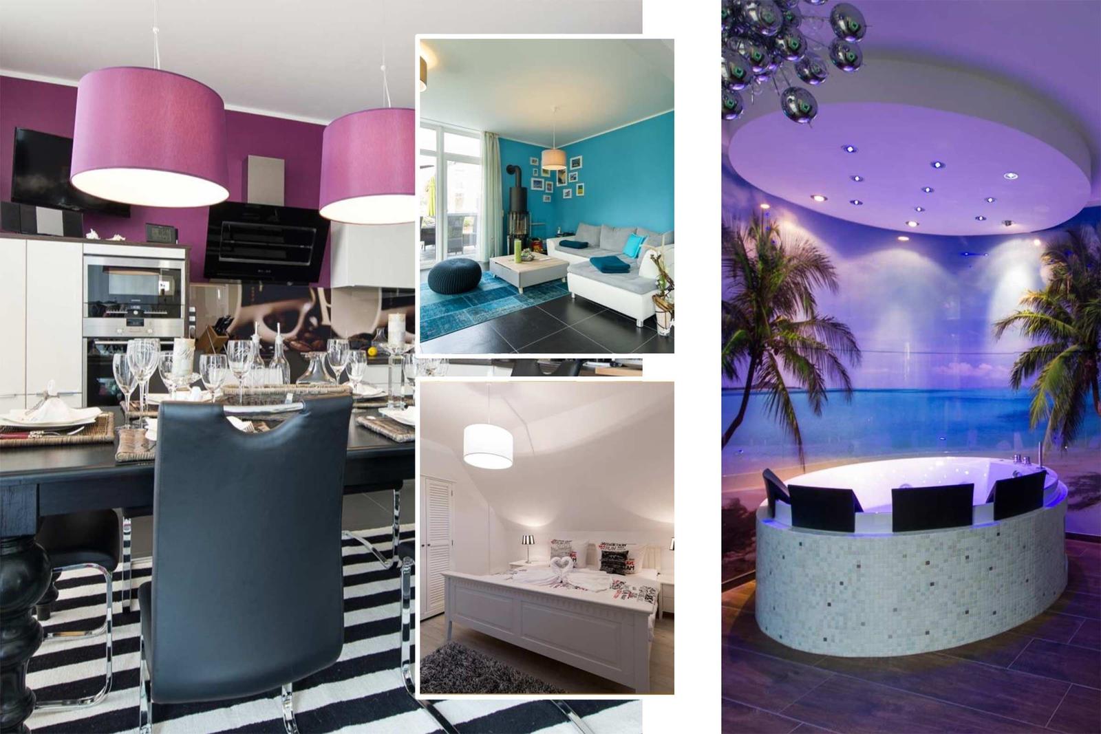 Küche mit Essbereich, Wohnzimmer, Schlafzimmer und Whirlpool mit Strandmotiv.