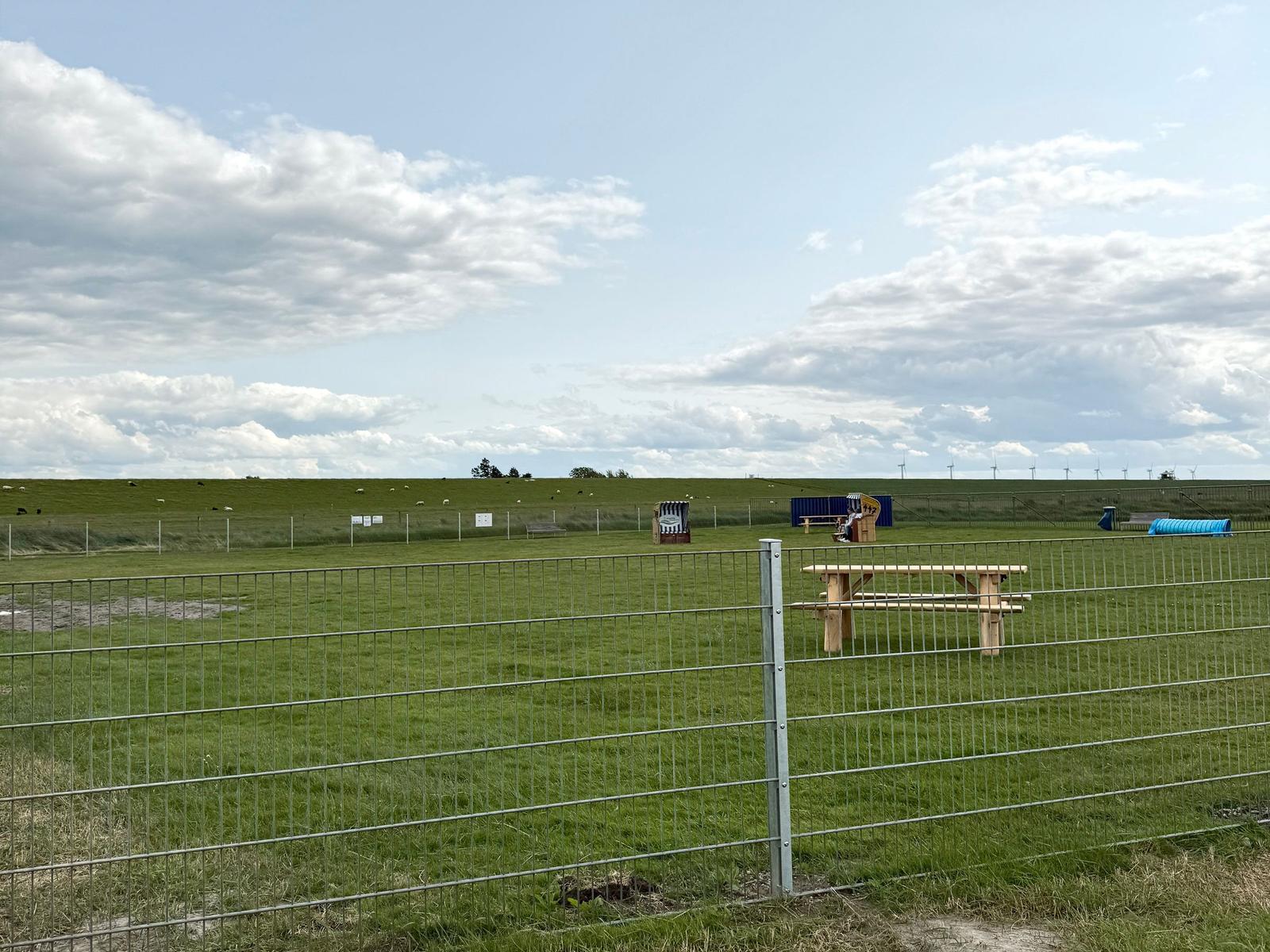 Grünes Feld mit Picknicktisch, Strandkorb und Spielzeug hinter einem Zaun.