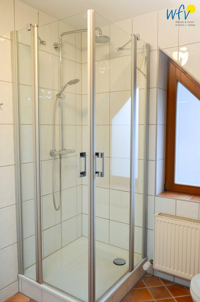 Duschkabine mit Glaswand und Duschkopf. Fenster und Heizung sind sichtbar.