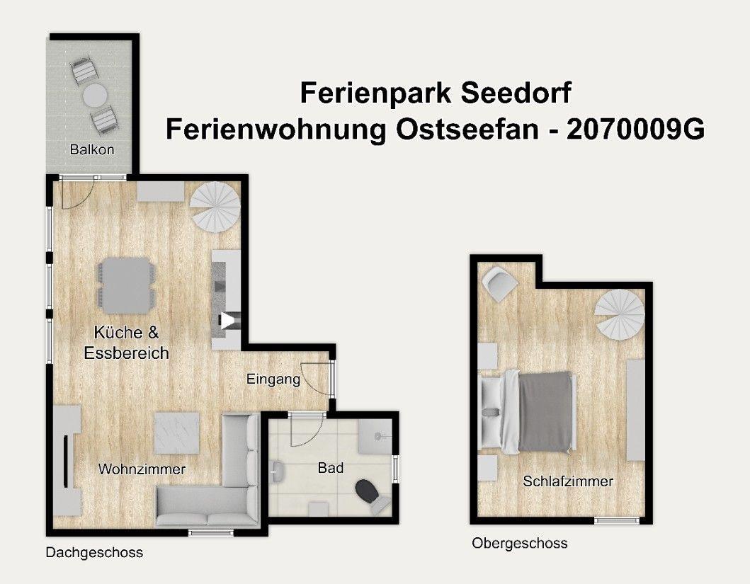 Ferienwohnung mit Wohnzimmer, Küche, Schlafzimmer und Bad. Balkon und Eingang vorhanden.