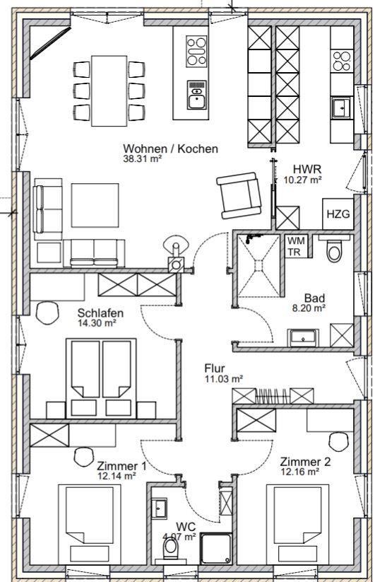 Wohnung mit Küche, Schlafzimmer, Bad und Flur. Flächenangaben eingezeichnet.