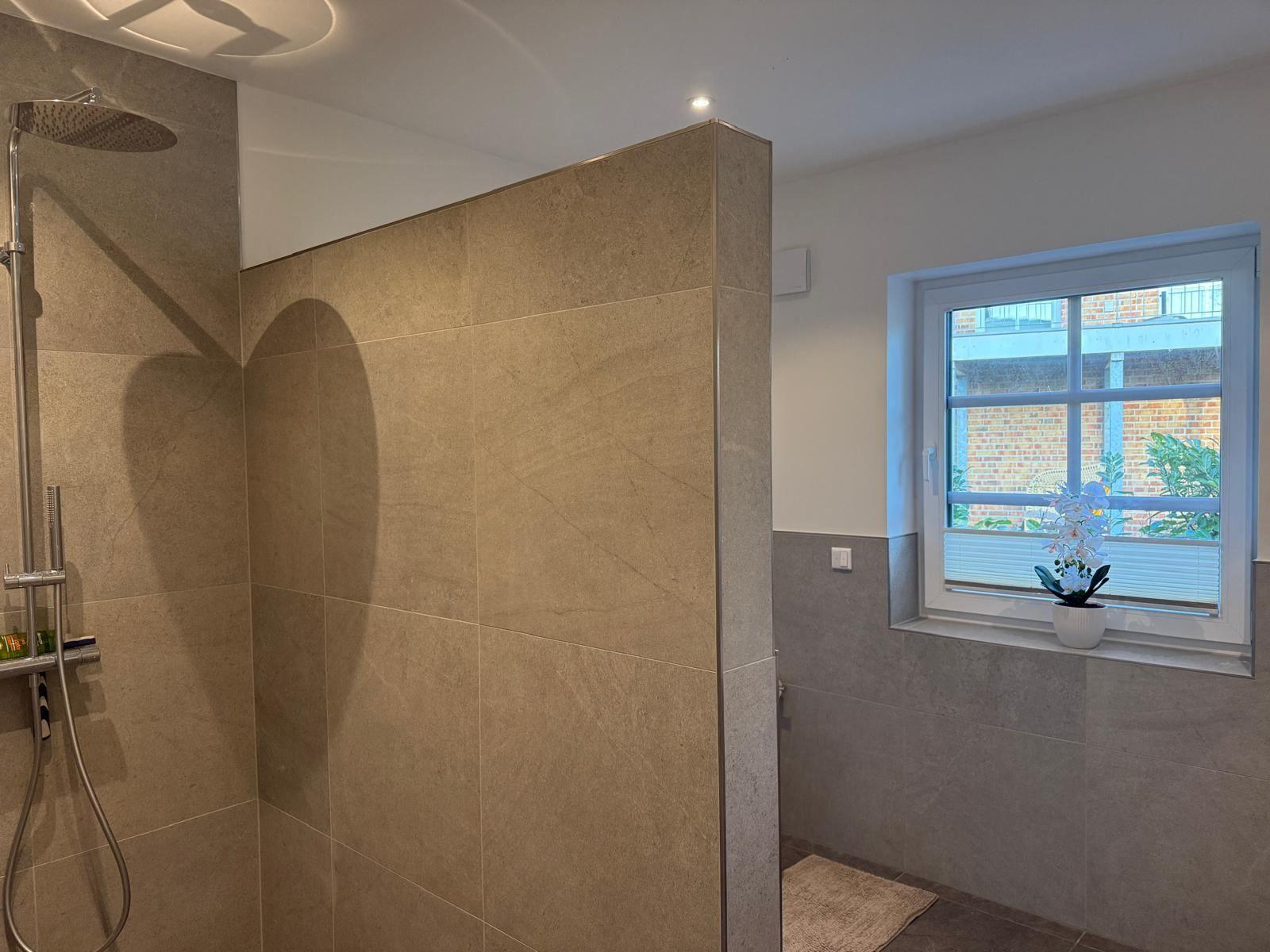 Bad mit Dusche, Fenster und Pflanze