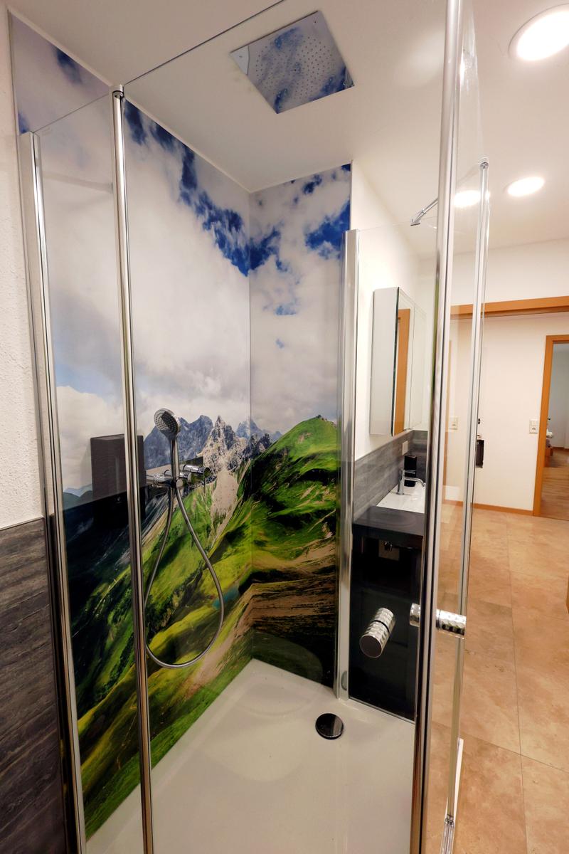 Duschkabine mit Berglandschaftsbild, Duschbrause und integriertem Regenduschkopf.