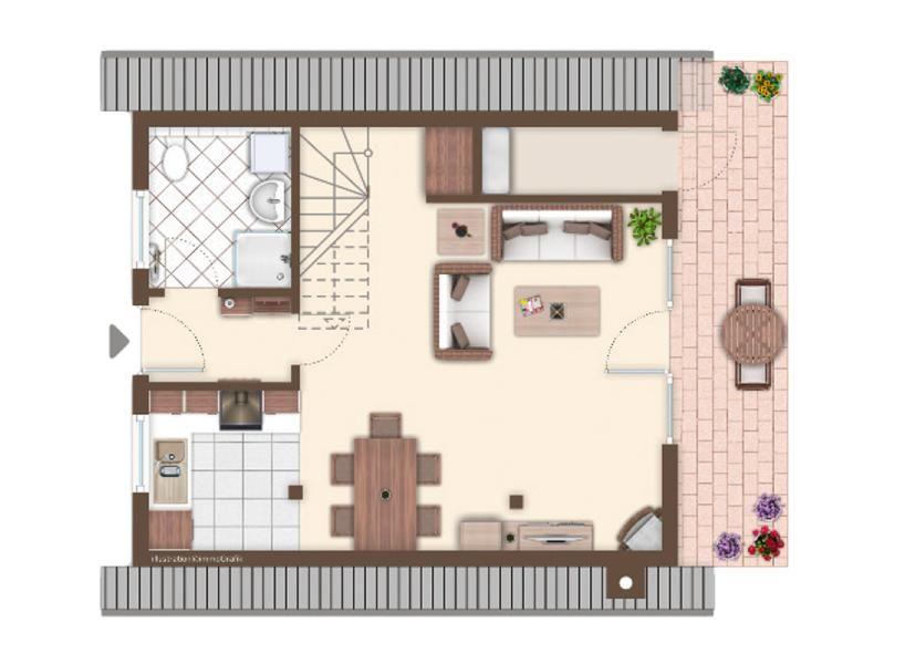 Wohnung mit Küche, Essbereich, Schlafzimmer und Bad. Außenbereich mit Tisch und Blumen.