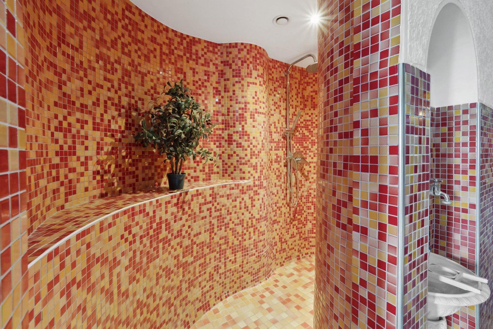 Duschbereich mit Mosaikfliesen, Pflanze und Waschbecken