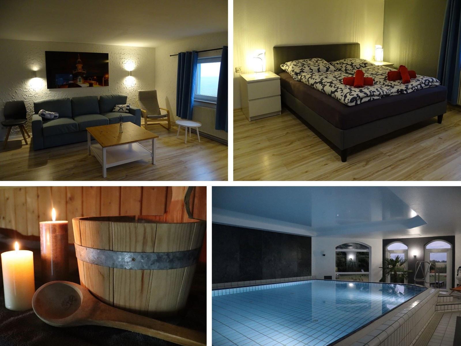 Wohnzimmer mit Sofa, Schlafzimmer mit Bett, Holzbadewanne und Innenpool.