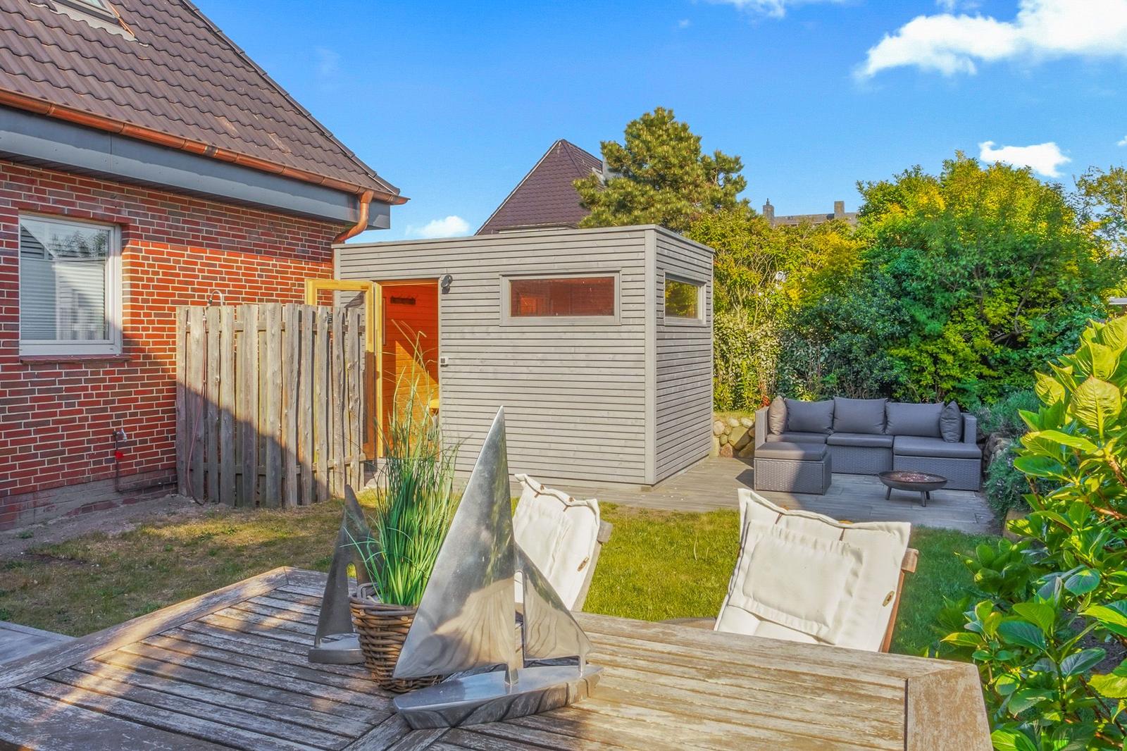 Blick quer durch den Garten auf das Saunahaus