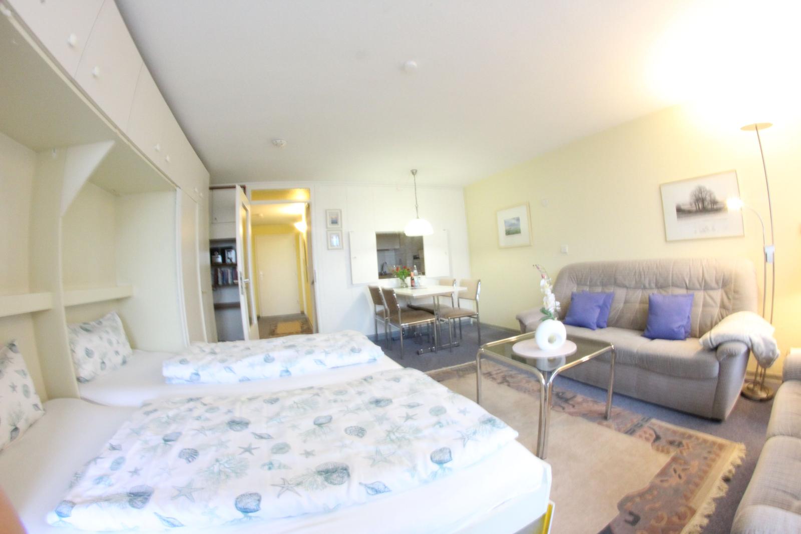 Zimmer mit Bett, Sofa, Tisch und Küchenbereich im Hintergrund.
