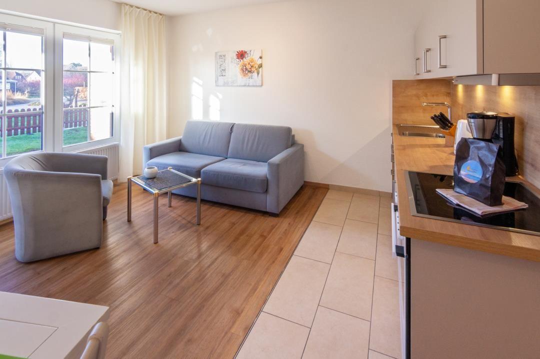 Wohnbereich mit Sofa, Sessel und Küchenzeile mit Arbeitsplatte.