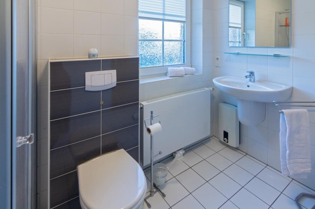 Badezimmer mit Toilette, Waschbecken und Fenster