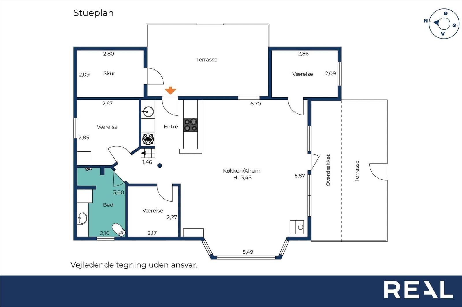 Einfamilienhausgrundriss mit Küche, Schlafzimmer und Bad. Terrassenbereich vorhanden.