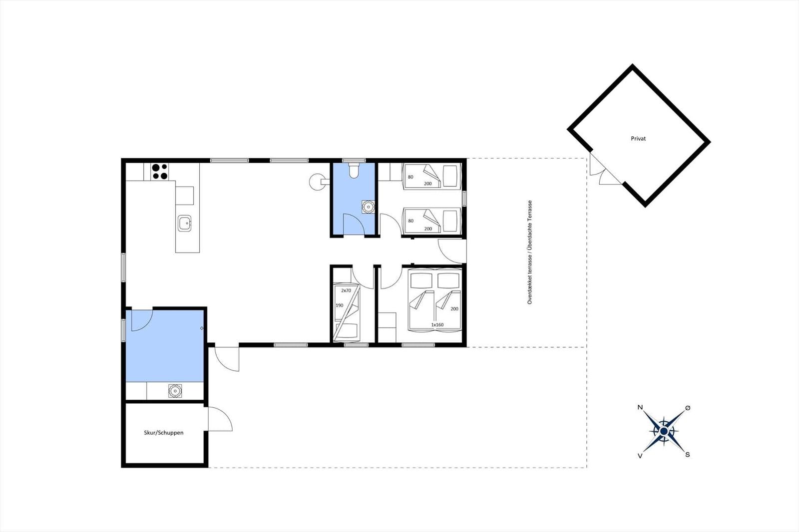 Wohnung mit drei Schlafzimmern, Küche und überdachter Terrasse.