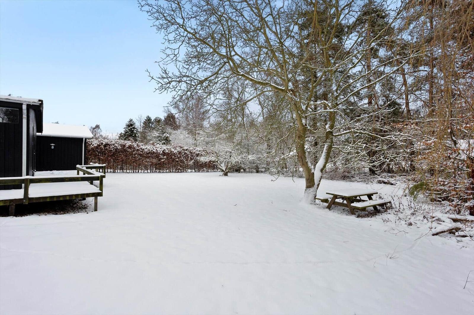 Snow-covered outdoor area with wooden terrace, table, and trees.