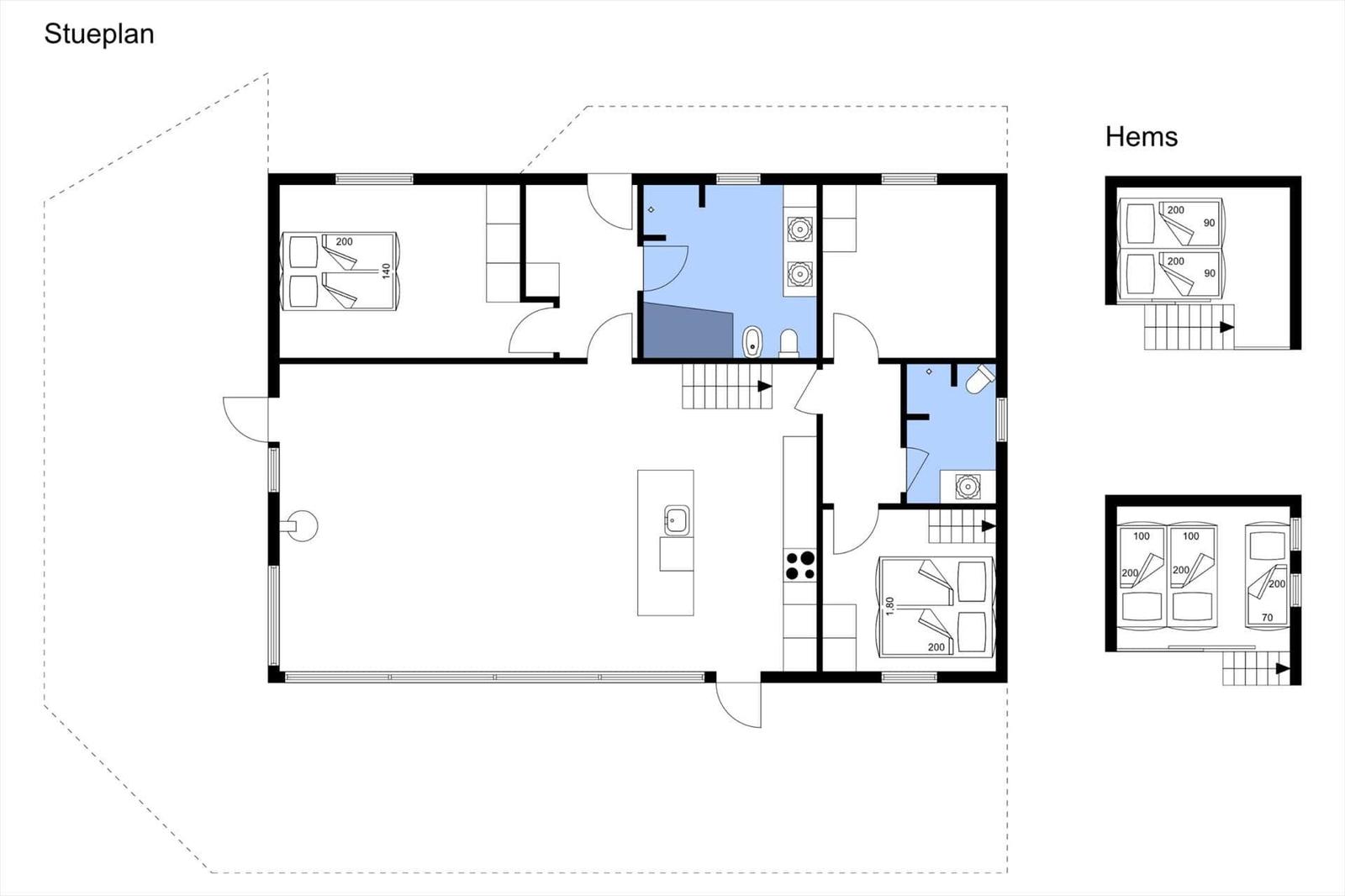 Geschossplan zeigt Wohnräume, Schlafzimmer und Badezimmer mit Maßen.