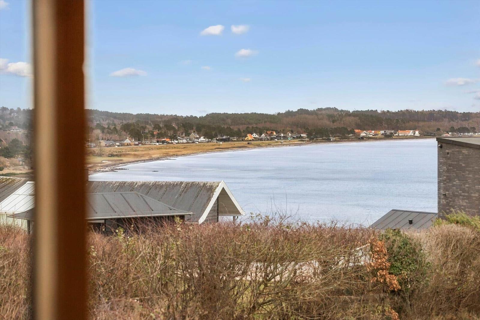 Blick auf einen See mit Uferhäusern und Wald im Hintergrund.