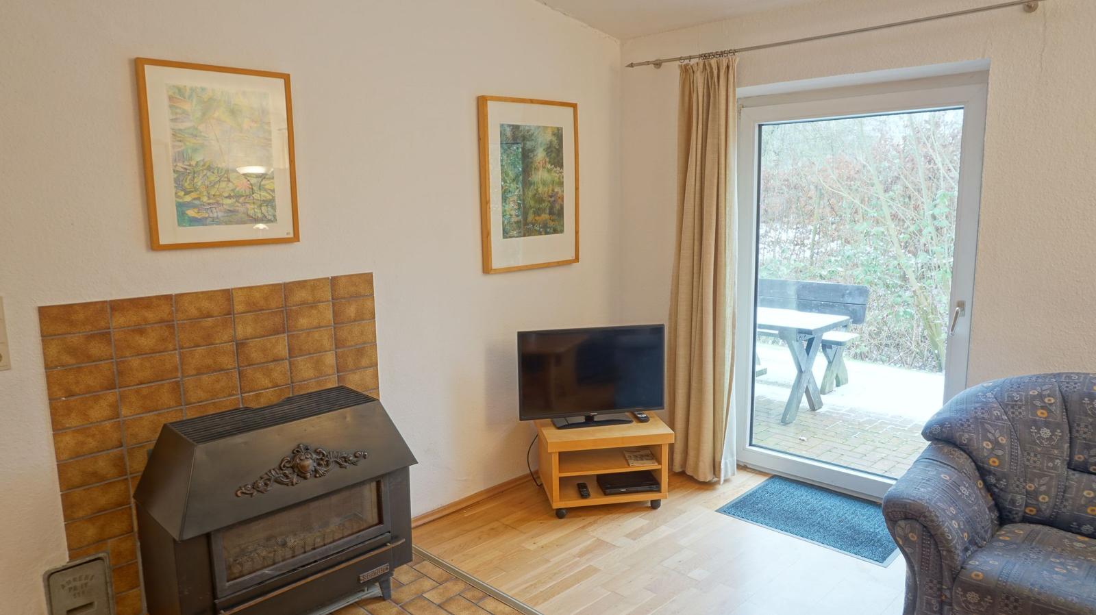 Wohnzimmer mit Kamin, Fernseher und Terrasse.