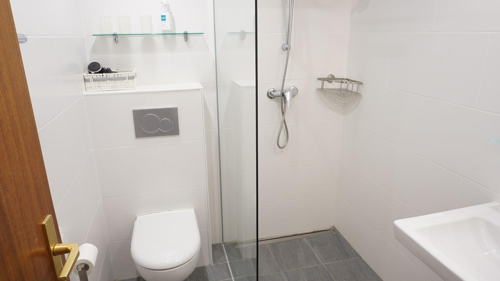 Badezimmer mit Dusche, Toilette und Waschbecken.