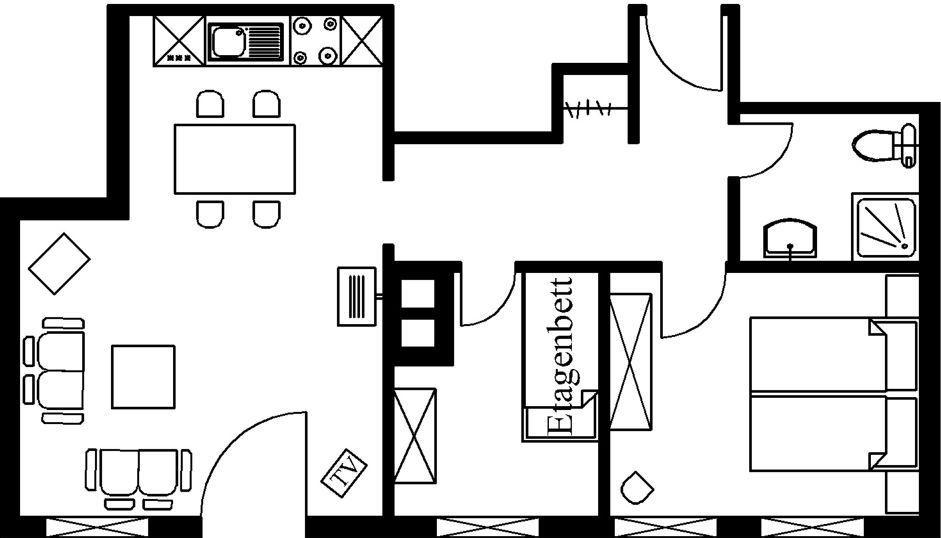 Wohnung mit Küche, Essbereich, Schlafzimmer und Bad.