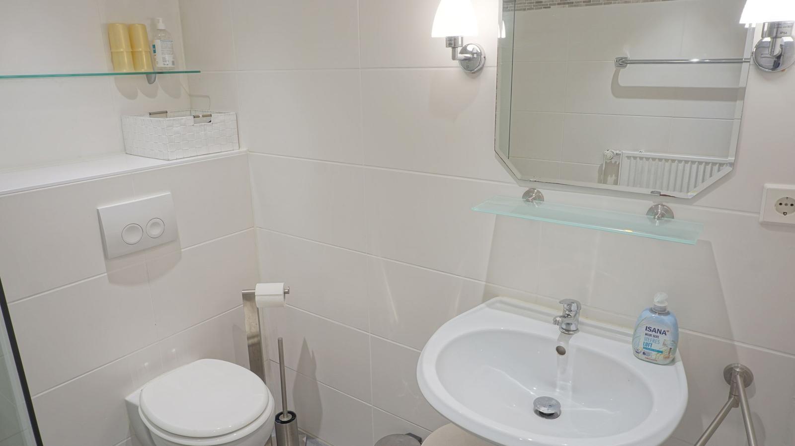 Badezimmer mit Toilette, Waschbecken und Spiegel. Aufbewahrung und Seife vorhanden.