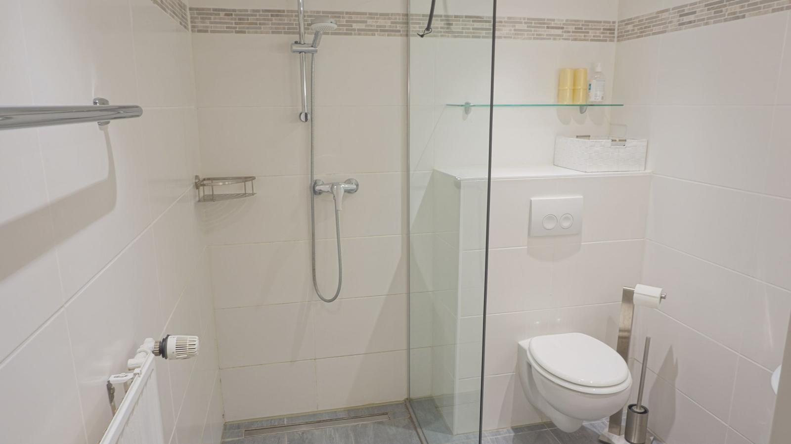 Badezimmer mit Dusche, Toilette und Glasabtrennung.