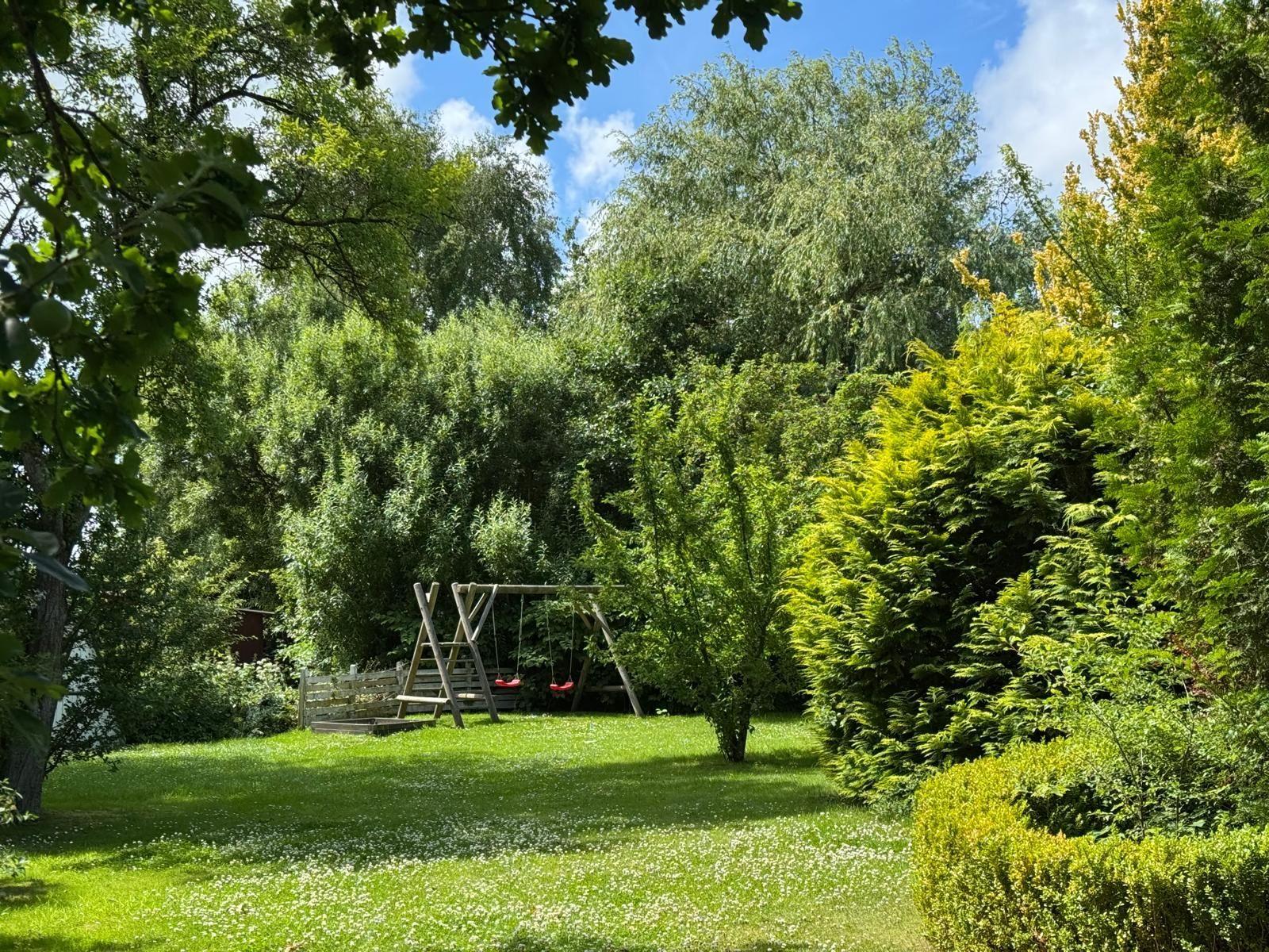 Grüner Garten mit Schaukel und Bäumen unter blauem Himmel.