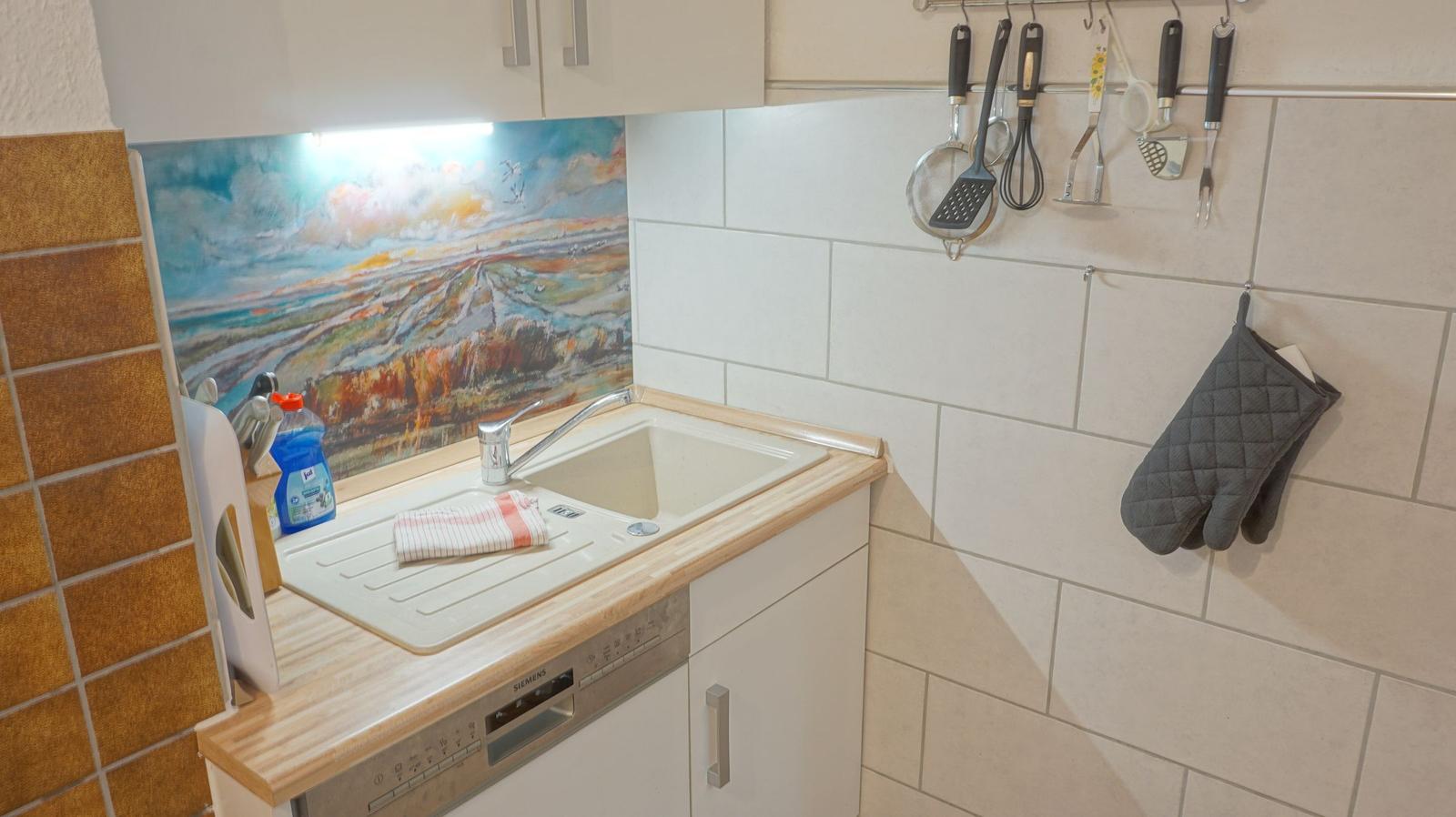 Küche mit Spüle, Geschirrspüler und Wandhalterung für Küchenutensilien.