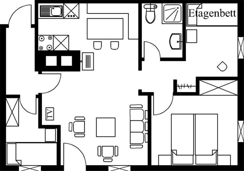 Wohnung mit Küche, Bad, Schlafzimmer und Wohnbereich mit Sofa und TV.